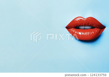 Red glossy lips showing teeth on light blue background 124133750