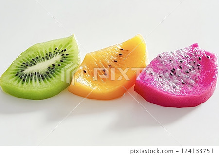 Slices of kiwi, golden kiwi and dragon fruit creating a colorful composition 124133751