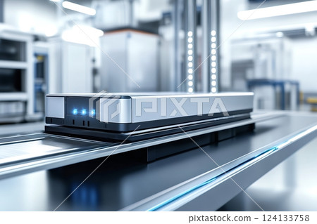 Electric vehicle battery pack moving on assembly line in modern factory 124133758