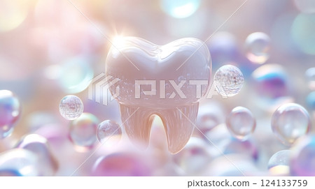 Shiny tooth floating among colorful bubbles 124133759