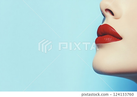 Woman wearing red lipstick showing perfect skin and makeup 124133760