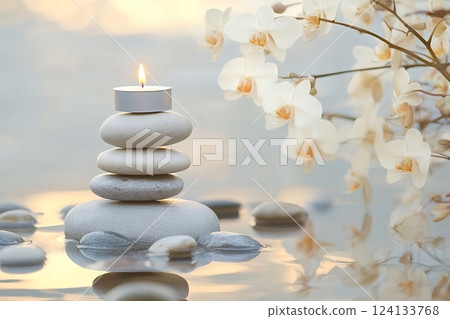 Burning candle on stack of zen stones with white orchids at sunset Burning candle on stack of zen stones with white orchids at sunset 124133768