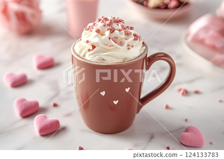 Delicious hot chocolate with whipped cream and heart-shaped for valentine's day 124133783