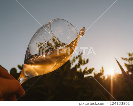 Wine Glass Mid-Flight with Sunlit Background Wine Glass Mid-Flight with Sunlit Background 124133801