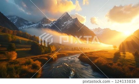 A breathtaking mountain landscape, with a river winding through a golden valley at sunrise A breathtaking mountain landscape, with a river winding through a golden valley at sunrise 124133816