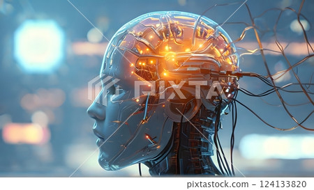 A futuristic head with a glowing, intricate brain interface, showcasing advanced technology. A futuristic head with a glowing, intricate brain interface, showcasing advanced technology. 124133820