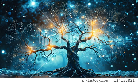 A mystical tree illuminated with glowing lights, set against a dark, starry backdrop. 124133821