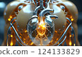 A highly detailed, metallic artificial heart with visible intricate components. The sleek design suggests advanced technology and medical innovation. The overall effect is futuristic. 124133829