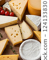 An assortment of cheese varieties arranged on a wooden surface. Different textures and colors highlight the diverse selection. The image evokes a sense of gourmet food and culinary indulgence. 124133830