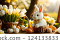 A charming Easter scene featuring a white rabbit nestled in a wicker basket, surrounded by colorful Easter eggs and blooming tulips. The soft, natural light and warm colors. 124133833