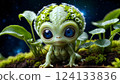 A whimsical depiction of a small, alien creature with large, captivating blue eyes and a bioluminescent crown. The creature rests on mossy terrain, surrounded by lush, alien flora.  124133836