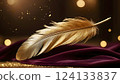 A delicate golden feather rests gracefully on a rich, velvety fabric. Soft, bokeh lights and subtle sparkles enhance the luxurious and ethereal atmosphere. The image evokes a sense of elegance. 124133837
