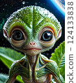 A detailed close-up portrait of an alien creature with large, expressive eyes and intricate skin texture. The creature's gaze is captivating. 124133838