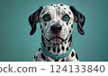 A striking portrait of a Dalmatian dog with distinctive black spots and piercing teal eyes. The dog's attentive gaze and the contrasting teal collar create a visually captivating image. 124133840