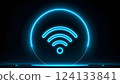 A vibrant, neon-blue Wi-Fi symbol glows against a dark background, enclosed within a circular outline. The design is modern and futuristic, evoking a sense of connectivity and technology. 124133841