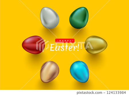 A vibrant vector illustration of metallic Easter eggs arranged in a circular composition on a yellow background. Perfect for Easter greetings, holiday decorations, and festive designs 124133984