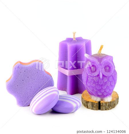 Lavender scented candles and Soap and isolated on white background. Lavender scented candles and Soap and isolated on white background. 124134006