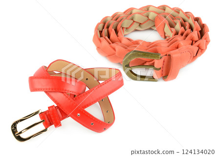Set of elegant leather belts isolated on white. Collage. Free space for text. 124134020
