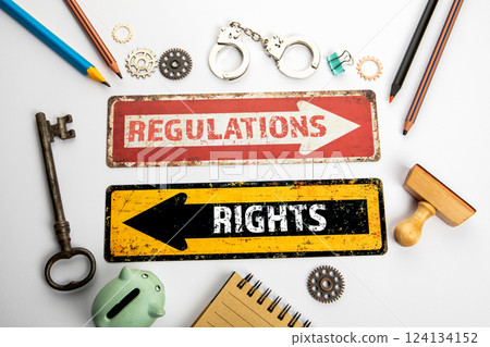 Regulations and Rights. Red and yellow directional arrow with text Regulations and Rights. Red and yellow directional arrow with text 124134152