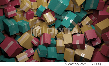 Colorful Chaos: A Tapestry of Stacked and Scattered Cardboard Boxes Colorful Chaos: A Tapestry of Stacked and Scattered Cardboard Boxes 124134153