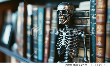 Skeleton Amidst Vintage Books in Library Setting. 124134189