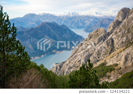 Panoramic view of Kotor Bay Boca and mountains from mountain view point in Montenegro in winter time 124134221
