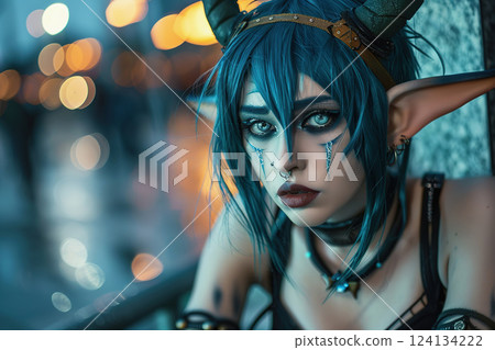 Enigmatic Elf with Blue Hair and Horns in Urban Fantasy Setting. 124134222
