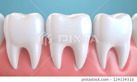 Close up of healthy white teeth and gums on blue background. 124134318