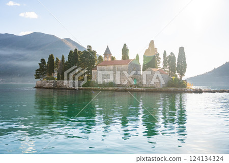 View from water of St. George Island near town Perast, Kotor bay, Montenegro 124134324