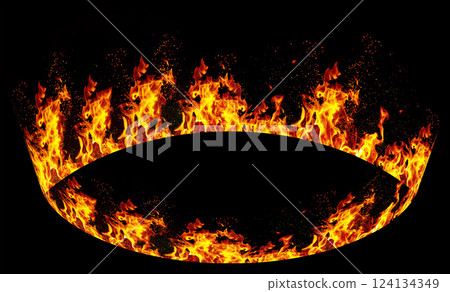 Bright orange flames forming a circular ring shape with glowing sparks, isolated on a black background. Symbol of heat, energy, and intensity. Bright orange flames forming a circular ring shape with glowing sparks, isolated on a black background. Symbol of heat, energy, and intensity. 124134349