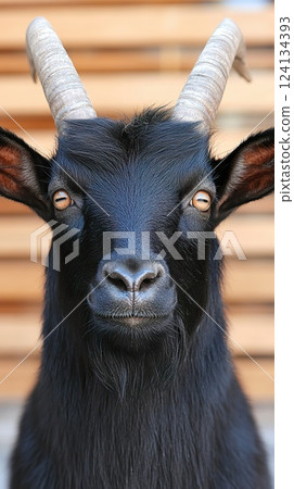 farm black goat with horns close up against wooden background. farm black goat with horns close up against wooden background. 124134393