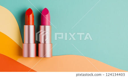 Vibrant lipsticks on colorful background for beauty and fashion inspiration. 124134403