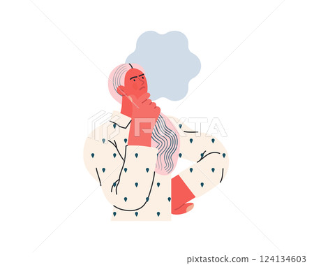 Thinking people, modern flat vector concept illustration- woman standing thoughtfully, looking upwards, bubble near head Metaphor for reflection, analysis, introspection, contemplation, deep thought 124134603
