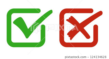 Red cross and green checkmark icons in a circular frame. Simple vector symbols representing approval and rejection, correct and incorrect choices, success and failure in decision-making or evaluation. 124134628