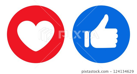 Social media like and love icons. Thumbs up and heart symbols in blue and red circles. Positive feedback, approval, appreciation, rating, favorite, support, vote, reaction, engagement, internet, web 124134629