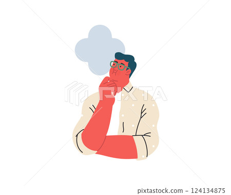 Thinking people, modern flat vector concept illustration- man standing thoughtfully, looking upwards, bubble near his head Metaphor for reflection, analysis, introspection, contemplation, deep thought 124134875