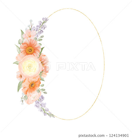 Golden oval frame with Spring Flowers. Ranunculus, Iceland Poppies, Freesia, Peach or Cherry and Snow Willow Branches. Hand painted botanical illustration isolated on a white background. Floral art 124134901