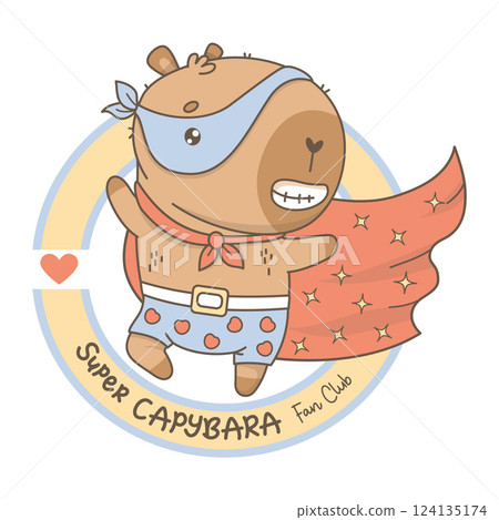 Funny superhero Capybara emblem. Cute Playful cartoon kawaii character mascot in mask and raincoat. Cool Round logo Fan Club super capibara. Vector illustration. Kids collection Funny superhero Capybara emblem. Cute Playful cartoon kawaii character mascot in mask and raincoat. Cool Round logo Fan Club super capibara. Vector illustration. Kids collection 124135174