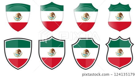 Vertical Mexican flag in shield shape, four 3d and simple versions. Mexico icon / sign 124135179