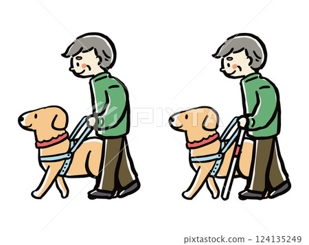 Illustration set of elderly men walking with a guide dog (with and without a white cane) Illustration set of elderly men walking with a guide dog (with and without a white cane) 124135249