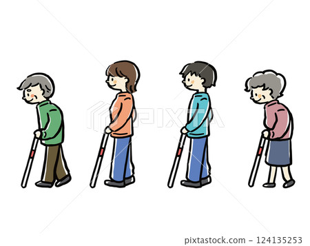 插圖集各年齡層拄著白拐杖行走的男性與女性 124135253