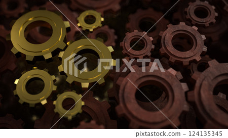 The Gold gear for engineering or team work concept 3d Rendering. 124135345