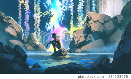 Mysterious Woman Sitting by a Fantasy Waterfall Mysterious Woman Sitting by a Fantasy Waterfall 124135476