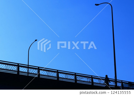 Azure sky seen from the bridge and people crossing the overpass 124135555