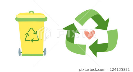 Recycling bin with arrows and heart symbol. Promotes ecofriendly waste management, zero waste lifestyle, sustainability practices, and environmental conservation Recycling bin with arrows and heart symbol. Promotes ecofriendly waste management, zero waste lifestyle, sustainability practices, and environmental conservation 124135821