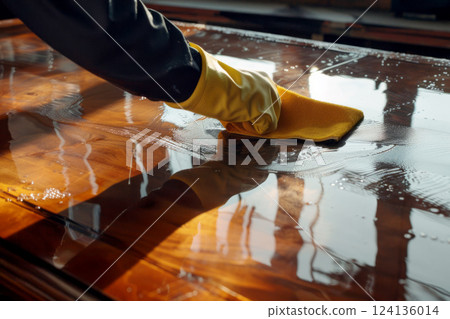 Woman cleaning table with rag in room. hand in rubber glove holds rag, house cleaning concept 124136014