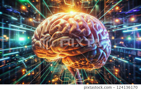 The human brain in the abstract virtual space of the digital world 124136170