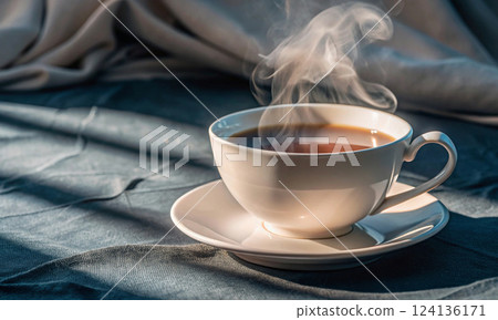 There is a porcelain cup with hot black tea on the table in the sunlight There is a porcelain cup with hot black tea on the table in the sunlight 124136171