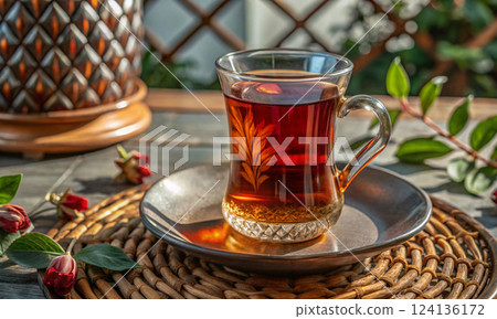 Fresh red tea in a narrow glass, against a background of dried flowers 124136172