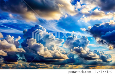 There are beautiful light cumulus clouds illuminated by the sun in the blue sky 124136180